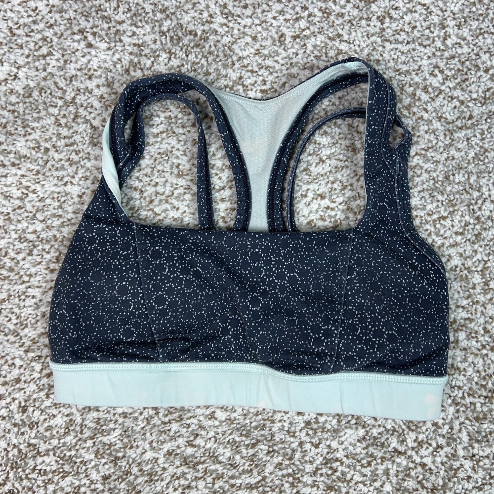 Lululemon Sports Bra Womens 4‎ Blue Spotted Racerback Yoga Gym Workout Logo